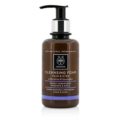 Image of Apivita Creamy foam cleanser for face and eyes, suitable for all skin types, cleanses impurities and make up with Olive & Lavender