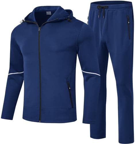 Image of Rdruko Mens Tracksuit Set Hooded Jacket Sweatsuits Jogging Tops Full Zip Joggers Sports Sweatsuit with Pockets Blue L