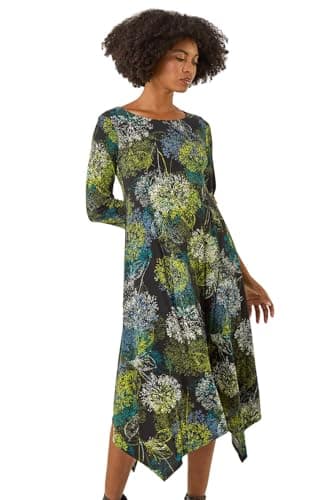 Image of Roman Hanky Hem Swing Dress with Pockets for Women UK Ladies Asymmetric Hemline Stretch Jersey 3/4 Sleeve Winter Smart Casual Work Office Knee Length Tunics - Green & Black - Size 16