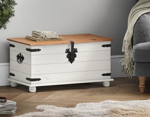 Image of Mercers Furniture Corona Solid Wood Pine White Painted Wax Blanket Box Toy Ottoman Storage Chest Trunk Shabby Chic Mexican Style 46cm High 92cm Wide 45cm Deep