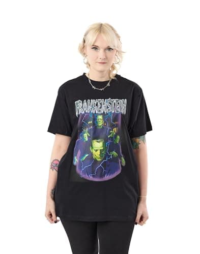 Image of Universal Monsters Frankenstein Unisex Black Graphic Tee | Classic Horror Movie Cotton T-Shirt | Short Sleeve Crew Neck Casual Apparel | Halloween Fashion Top