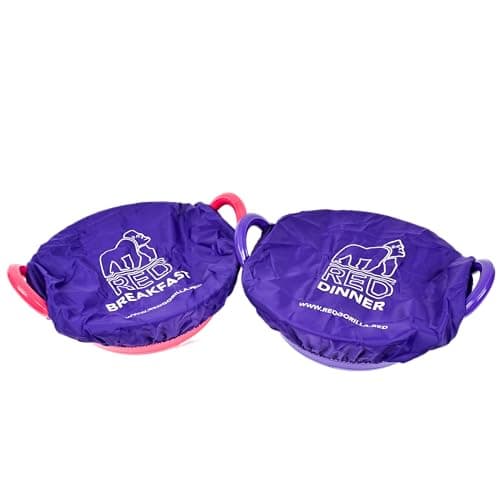 Image of Red Gorilla Fabric Tub Covers Twin Pack Breakfast and Dinner in Purple Elasticated Stretch Durable Polyester Ideal for Animal Feed Buckets or Tubs Showerproof Size M-L