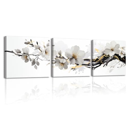 Image of Piy Painting Canvas Wall Art Decor, Plum Blossom Printing on Canvas, Flower Canvas Print Artwork Gift, Framed Ready to Hang Home Decoration for Bathroom Bedroom 3 pieces 12x12inch (36x12inch)