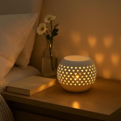 Image of Ceramic Wax Melt Burner with Heart Cutouts – White Spherical Tealight Holder for Aromatherapy, Essential Oils & Home Décor – Romantic Pattern Glow – Heat-Resistant Glazed Design