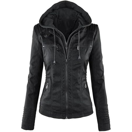 Image of Women's Lightweight Leather Jacket Waterproof Motorcycle Bomber Jacket Vintage PU Moto Biker Coat With Removable Hood, black, L