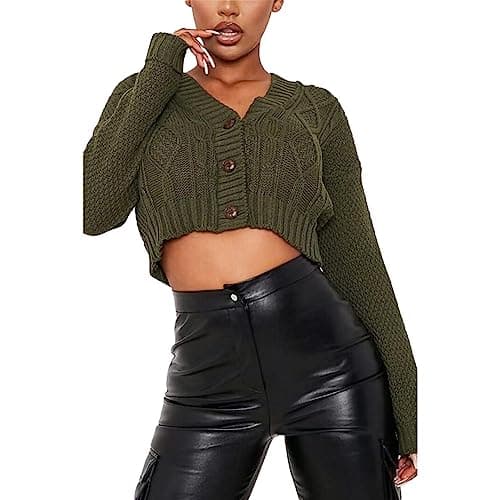 Image of STAR FASHION New Women's Ladies Chunky Cable Knitted Cropped Cardigan Long Sleeve 3 Button Short Crop Top Warm Sweater Jacket Pary Wear UK Size 8-14 Khaki
