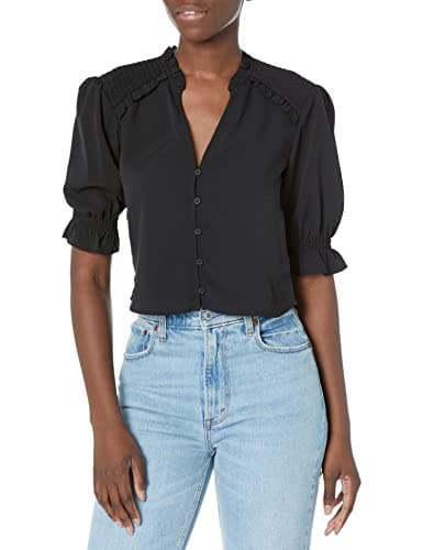Image of French Connection Women's Crepe Light Cropped Top Button Down Shirt, Black, 10