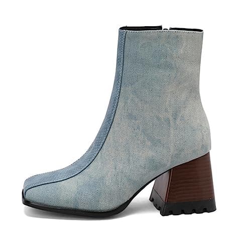 Image of CRETUAO Women's Fashion Colorblock Square Toe Chunky High Heel Ankle Boots,Rome Style Leather Face Elastic Western Cowboy Mid Boots,Blue Cloth,2.5 UK