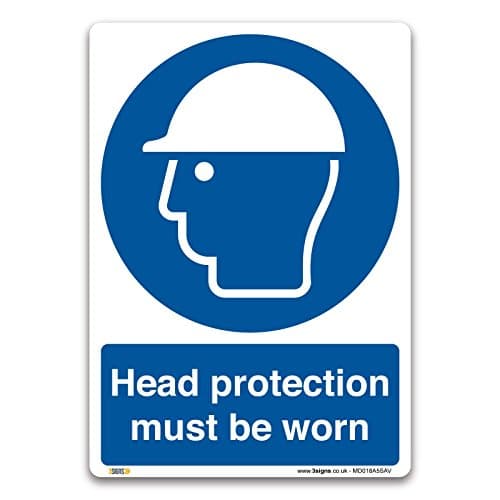 Image of Pack of 2 Head protection must be worn Sign - A5 Self-adhesive Vinyl - Mandatory Safety Clothing PPE