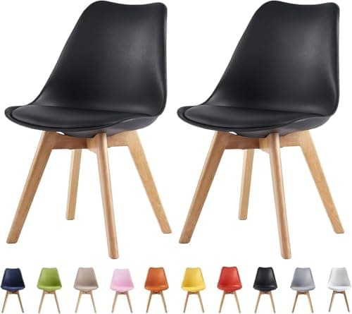 Image of mcc direct Set of 2 Dining Chairs Wooden Legs Soft Cushion Pad Stylish DELUXE Retro Lounge Dining Office (Black) - EVA