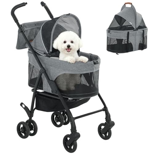Image of PawHut Pet Stroller, Foldable Dog Cat Stroller with Detachable Carrier, Wheels, Storage Basket, Secure Leash, 4 Wheel Puppy Pushchair for Small Dogs and Cats, Pet Pram for Travel, Grey