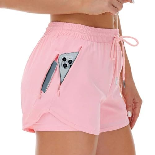 Image of Cheerful Mario 2 in 1 Women's Running Shorts Summer Ladies Activewear with Adjustable Drawstring Waist 2 Side Zipper Pocket Quick Dry Pink M