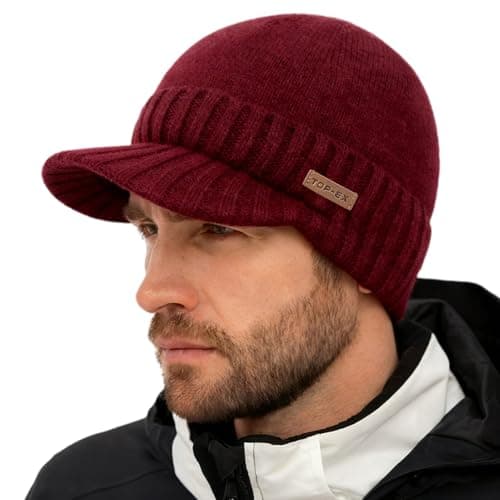 Image of TOP-EX Waterproof Fleece Lined Beanies Hats with Peak for Men Winter Wooly Warm Cold Weather Thermal Knit Visor Cap Snow Big Head Red X-Large XX-Large XL XXL