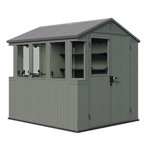 Image of Keter Darwin Potting Shed 6x8ft – Green | Hybrid Roof for Light & Shade | 5 Opening Windows + 2 Fixed | Includes 2 x 160cm Shelves | Evotech+TM Wood-Look Resin | Lockable | 3-Year Guarantee