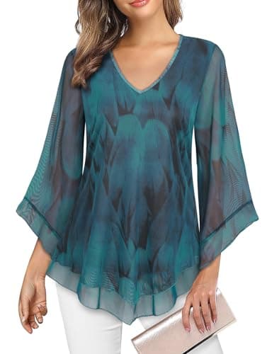 Image of Gemulate Peacock Tunic Tops for Women UK Womens Overlap Ruffle Sleeve V Neck Elastic Mesh Blouse Loose Flowy Ladies Evening Tops Ladies 3/4 Bell Sleeve Top - Peacock Blue, L