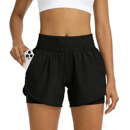 Image of GOZINA Womens 2-in-1 Running Shorts with Phone Pocket, Lightweight Gym Yoga Ladies Sports Shorts for Running, Hiking & Training (S, Black)