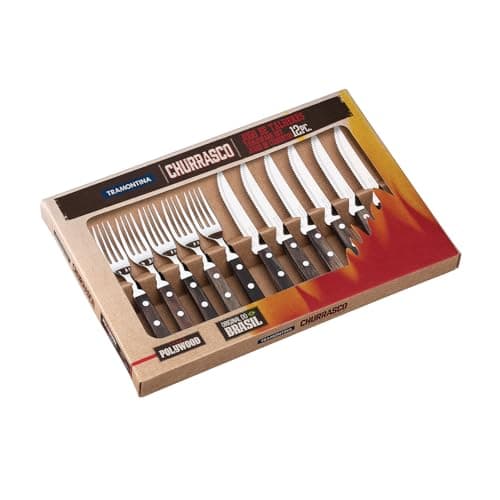 Image of Tramontina Cutlery Set with Steak Knives, 12 Piece Sharp Knife and Fork Set with Wooden Handles, ‎Camping, Kitchen, Rustic, Dishwasher Safe, 29899199