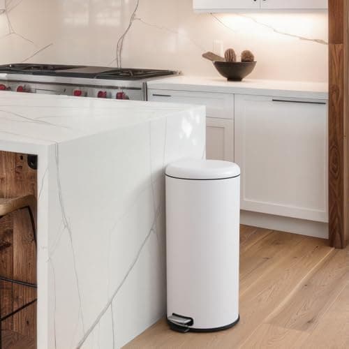 Image of Panana 30L Large Round Kitchen Bin, Tall Slim Stainless Steel Cylindrical Pedal Bin,Retro Style Bins for Kitchen (White)