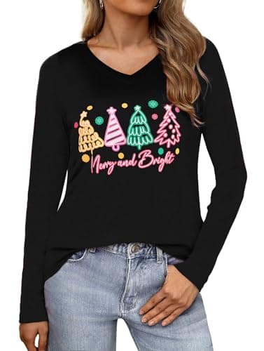 Image of Terecey Christmas Shirts for Women UK Xmas T-Shirts V-Neck Christmas Tops Long Sleeve Casual Loose Ugly Holiday Vacation Clothes Cute Printed Tee, Black XXL