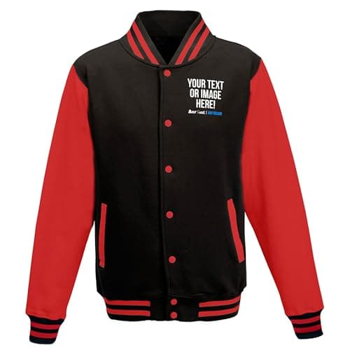 Image of Purple Print House Custom Varsity Jacket Personalised Letterman Retro Style Sportswear Fashion Top with Any Text Image Logo or Team Badge, XXL, Black/Red