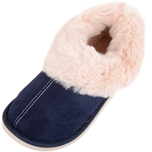 Image of ABSOLUTE FOOTWEAR Womens Easy Slip On Faux Fur Winter Slipper Boot Bootie - Navy - Small (UK 3-4)
