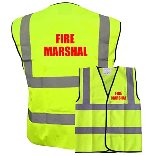 Image of Fire Marshal RED TEXT Print Yellow Hi Vis Viz Reflective Safety Vest Waistcoat, Reflective High Visibility, supplied by Simply Hi Vis Clothing UK