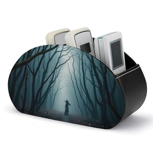 Image of FHESDCW Remote Control Holder Organizer, 5-Compartment PU Leather Makeup Brush Holder, Dark And Deep Forest Storage Box for TV, DVD, AC Remotes & Office Supplies