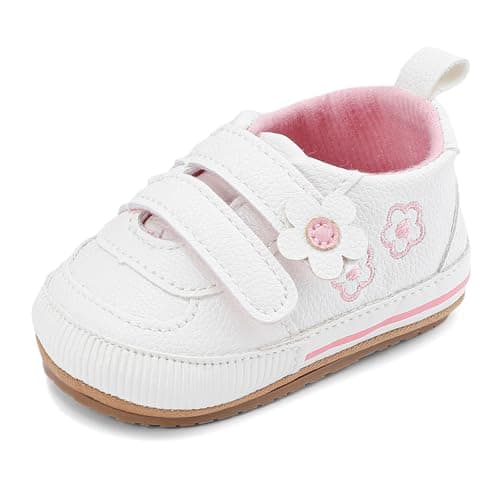 Image of Baby Girl Shoes Toddlers First Walking Shoes Infant Pre Walker Barefoot Trainers with Anti-Slip Rubber Sole,Pink Flower,6-12 Months