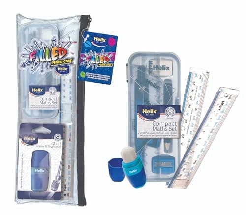 Image of Helix Complete Stationery Set - Filled Pencil Case - Stationery School Supplies - Maths Set, Folding Ruler, 2 in 1 Pencil Sharpener and Eraser - 13.5 inch Clear pencil Case Suitable for Exam Use