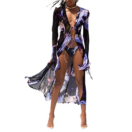 Image of Women Y2k See Through Sheer Mesh Maxi Dress Ruffle Tie-Up Summer High Slit Bikini Cover Up Dress Tie-Dye Beach Long Dress (Multicolor, L)