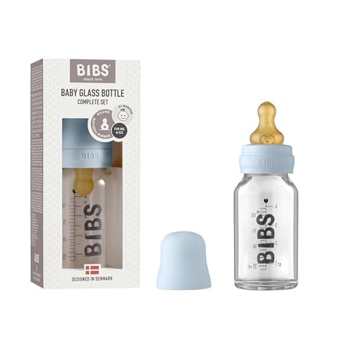 Image of BIBS Baby Glass Bottle. Anti-Colic. Round Natural Rubber Latex Teat. Supports Natural Breastfeeding, 110 ml, Baby Blue