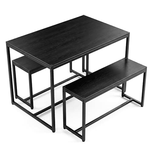 Image of Blisswood Dining Table with Bench Set 4, 110cm Space Saving Kitchen Table with 2 Benches for Small Spaces, Industrial Wood & Metal Dining Table Set for Home, Apartment & Dining Room (Black)