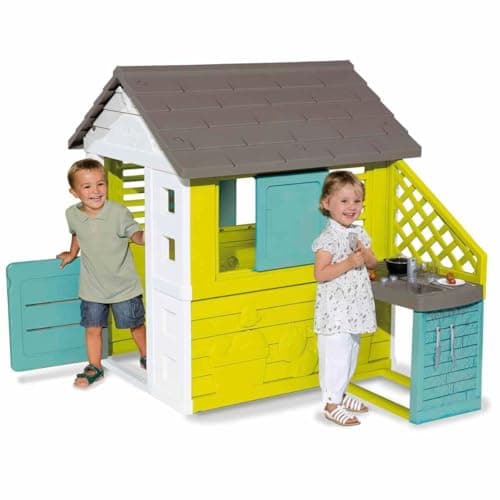 Image of Smoby Pretty Haus - Children's Playhouse for Indoor and Outdoor Use with Kitchen and Kitchen Toy (17 Pieces), Garden Shed for Boys and Girls from 2 Years