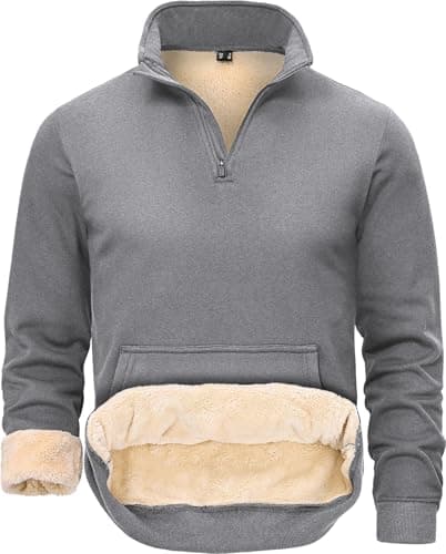 Image of Peakwell Men's 1/4 Zip Winter Sweatshirts Long Sleeve Shirts Warm Jumper with Pocket Pullover Fleece Stand Collar Tops, Light Grey, XXL