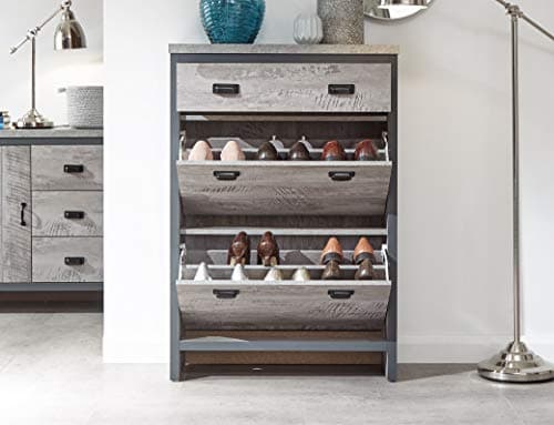 Image of GFW Wooden Hallway Shoe Storage Organiser Cupboard Stores Up to 12 Shoes, Slim Entryway Cabinets for Hallways, Bedroom Or Living Space, Wood, Grey, H-107cm x W-73cm x D-29cm
