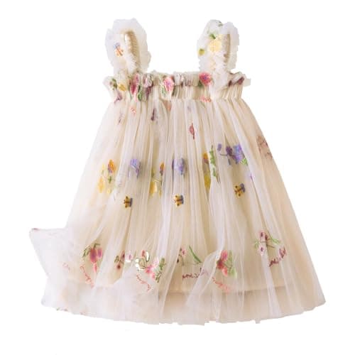 Image of NNJXD Baby Girl Tulle Dress Casual Strap Sleeveless Flower Embroidery Toddler Dresses 2107 Yellow Size(80) 6-12 Months