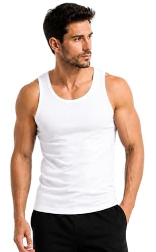 Image of Men's 100% Cotton Singlet Sleeveless Vests Bodybuilding Training Gym Tank Tops Basic Plain Colour Casual Undershirt (M, White)