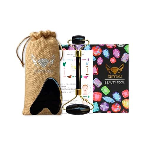 Image of Crystali Gua Sha Set - Anti-Ageing Face Massage Roller and Scraper - Healthy, Beautiful, Young Skin - Black Obsidian from Madagascar