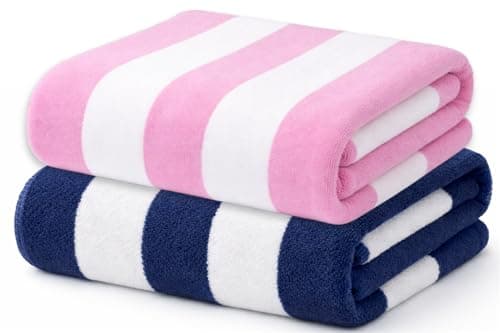 Image of Adore Home 2 Pack Cabana Stripe Microfibre Beach Towels Quick Dry Sand Resistant Pool Towels Lightweight Holiday Travel Towels 70x140cm Navy and Pink
