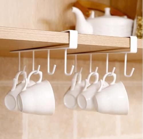 Image of QINGHEC 3 Pack White Cup Holder Under Cabinet,Under Cupboard Cup Holder Rack,No Drilling Under Shelf Mug Holder with Adhesive Screws,Mug Hanger Under Shelf for Restaurant Coffee Shop Bar Kitchen