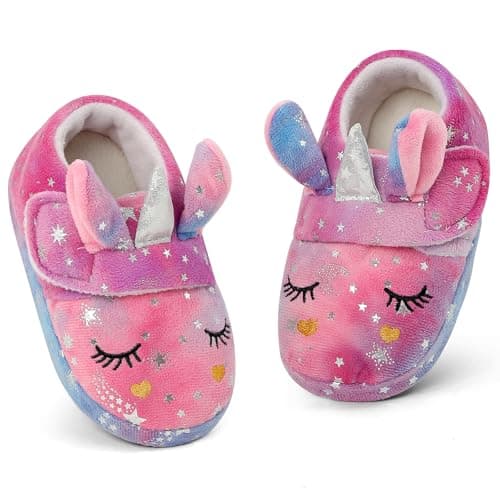 Image of LACOFIA Toddler Girl's Slippers Warm Cosy Kids House Shoes Non-Slip Winter Children Plush Slippers Multicolor Unicorns 11/12 UK Child