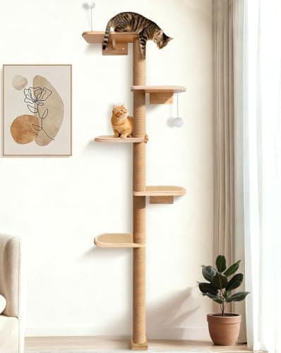 Image of 210cm Tall Cat Tree, 5 Tier Floor to Ceiling Cat Tower, Wall-Mounted Kitten Scratching Post, Wild Simulation Cat Wall Furniture with Sisal Pad Platform, Suitable for Climb, Scratch and Play