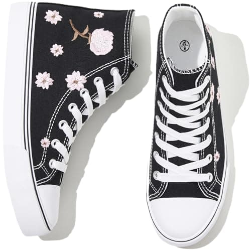 Image of kufeiti Women’s High Top Canvas Sneakers Canvas Shoes Lace up White Black Sneakers Casual Walking Shoes, Embroidery Black, 5 UK
