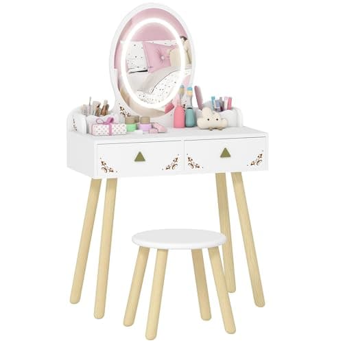 Image of AIYAPLAY Kids Dressing Table with Mirror and Stool, Girls Dressing Table with 3-Colour LED Lights Mirror, Drawer, Storage Boxes, Girls Makeup Desk Set for 3+ Years, For Playroom, Bedroom, White