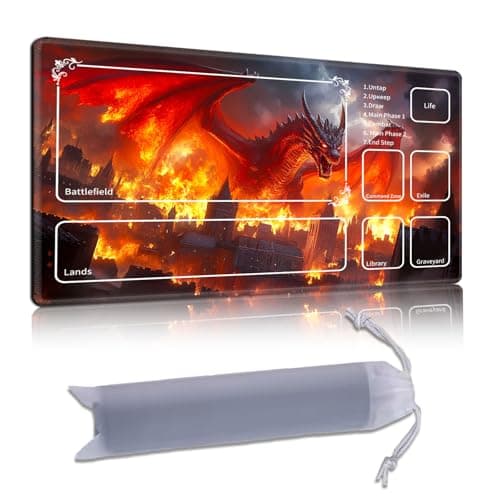 Image of DISUOFEART Playmat for MTG & Magic: The Gathering with Zones, Red Fire Dragon Destroying Medieval City 28x16 inch Non-Slip TCG Game Mat for Commander, Card Game Table Mat