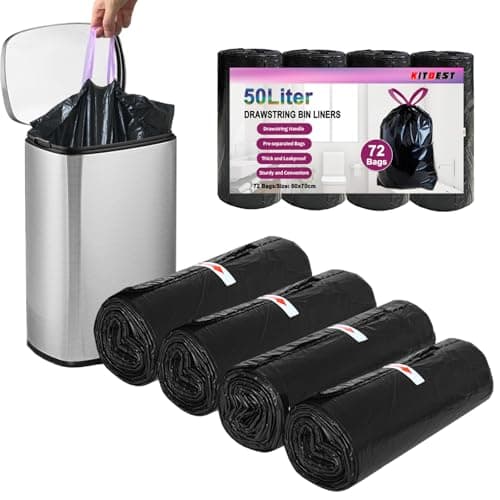 Image of KITBEST 50L Black Bin Liners (72 Bags) - Thick Recycled Rubbish Bag with Drawstring Swing Tie Handle, Leak-Proof Plastic Refuse Sacks Large Trash Waste Bag for 30-50 Litre Bin, 60x70cm