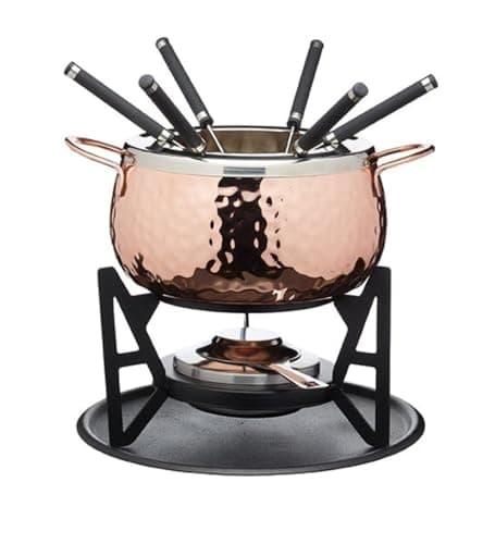 Image of Artesà Fondue Set with 6 Stainless Steel Forks and Bowl, Ceramic Bowl, Metal Stand and Dual Fuel Burner, for Chocolate, Cheese or Meat, Copper