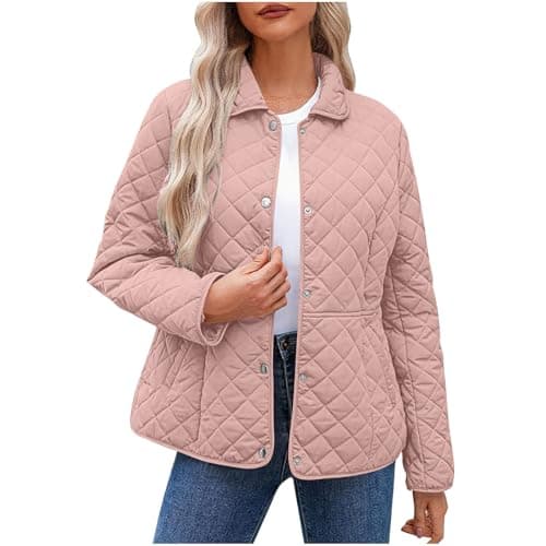 Image of Women's Quilted Puffer Jacket Uk Lightweight Diamond Padded Bomber Coats, Long Sleeve Lapel Button Down Pullover Tops, Open Front Cardigans, Windproof Outerwear, Solid Color, Winter Warm Oversized Y2k