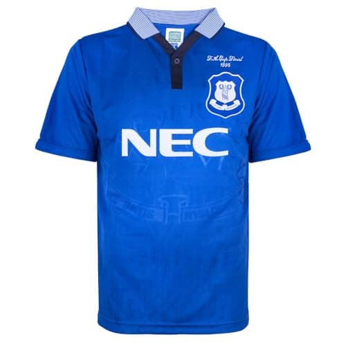 Image of Score Draw Everton 1995 Home FA Cup Retro Football Shirt Blue X-Large Polyester