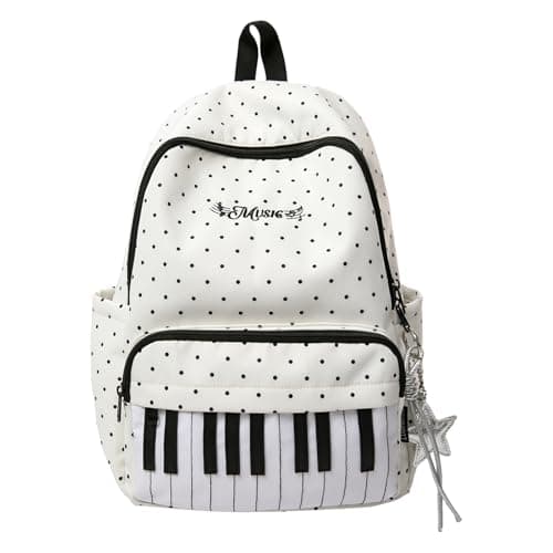 Image of TIAASTAP Polka Dot Backpack Cute School Bags for Girls Aesthetic Piano Design School Backpack Preppy Bookbag for Teenage College Primary Secondary Middle (White)